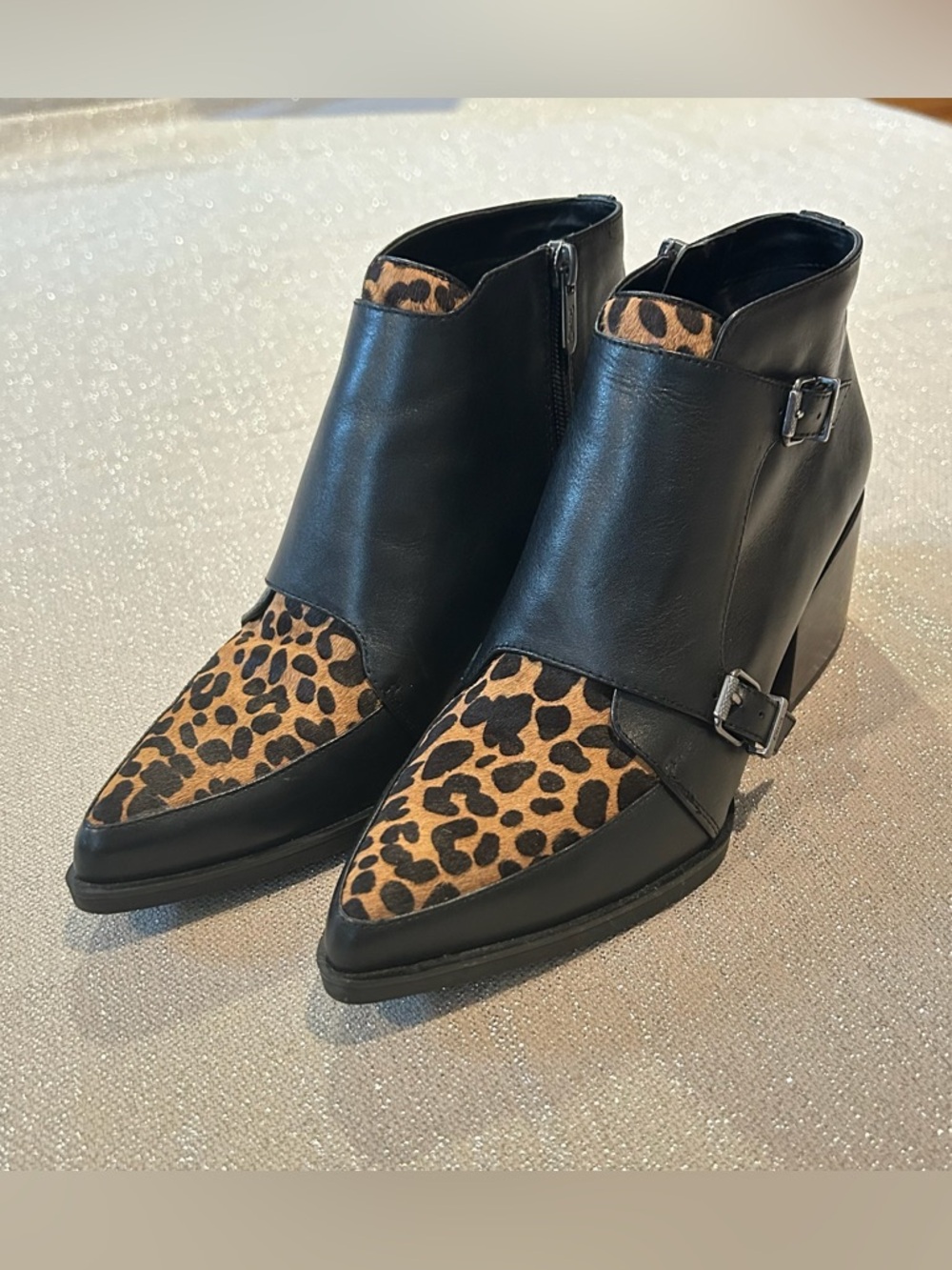 Circus by Sam Edelman Black Leather Leopard Print Booties